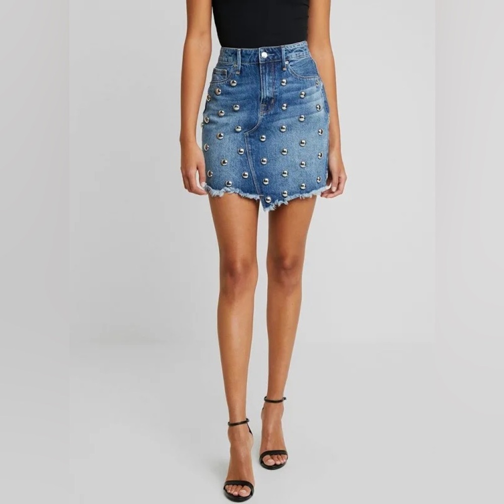 Good American Blue Denim Mini Skirt with Silver Studs